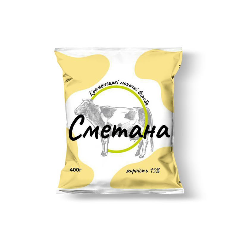 Сметана КРЕМЕНЕЦЬКІ МОЛОЧНІ ВИРОБИ 15%, 400г, плівка поліетиленова